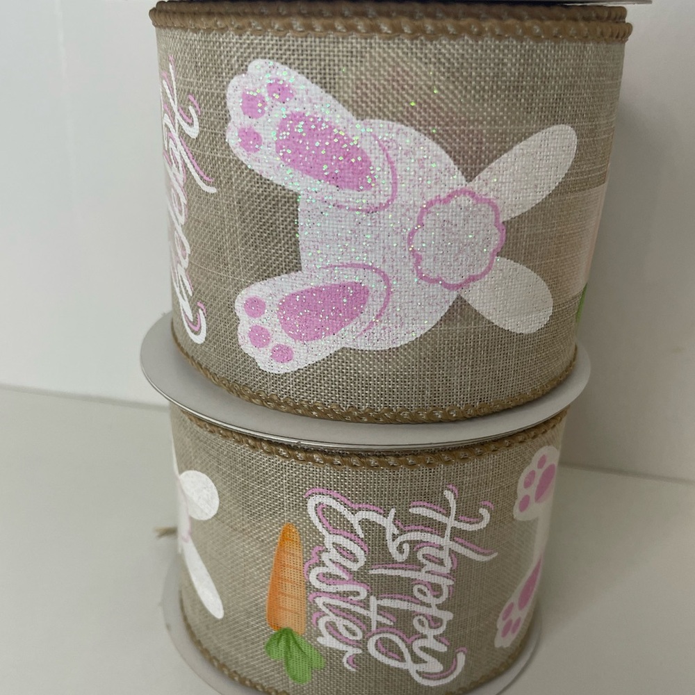 Burlap Ribbon with Colorful Bunny Design, Easter ribbon (wired ribbon) 2.5โx20ft